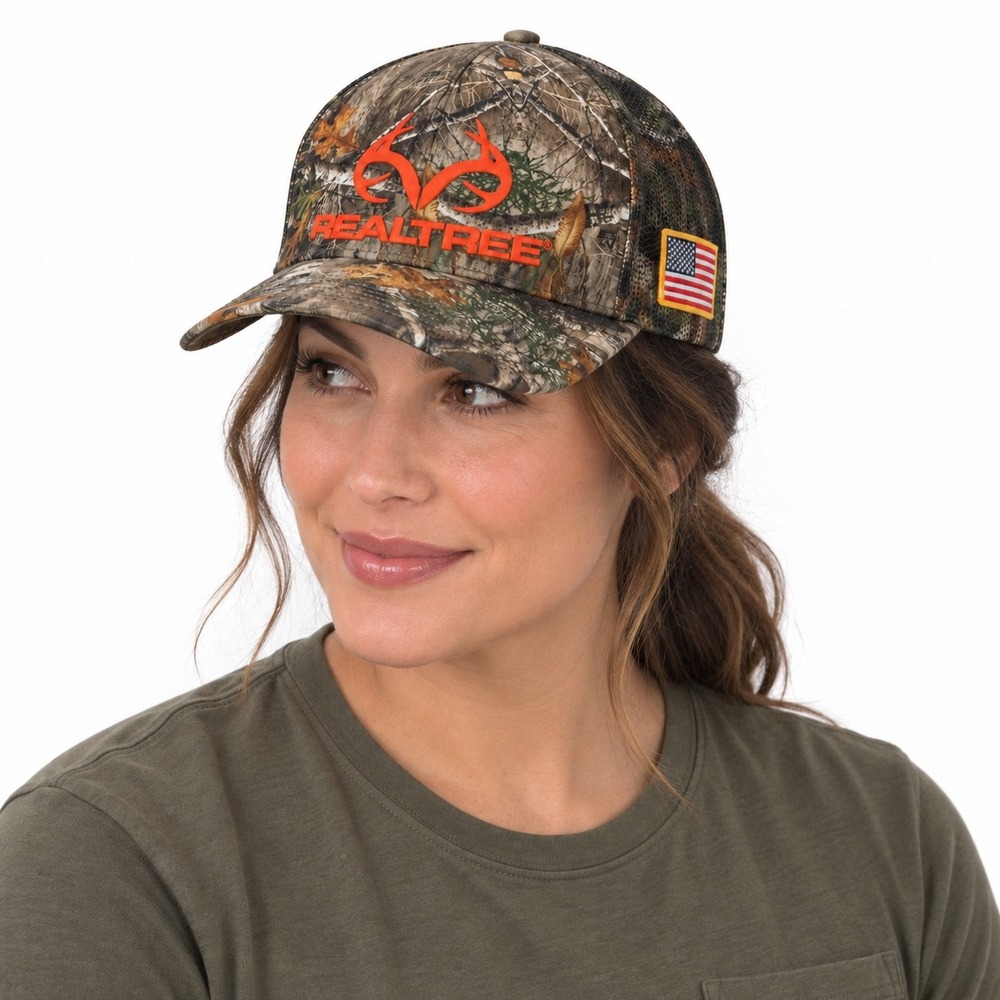 Realtree Edge Camo Trucker Hat Orange Logo USA Flag Mesh Snapback Cap 110-90